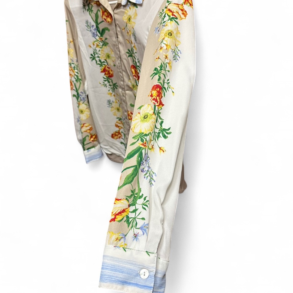 Sara Michelle Beige and White with Floral Print Blouse Fall top 90s Y2K top nwt - Picture 6 of 9
